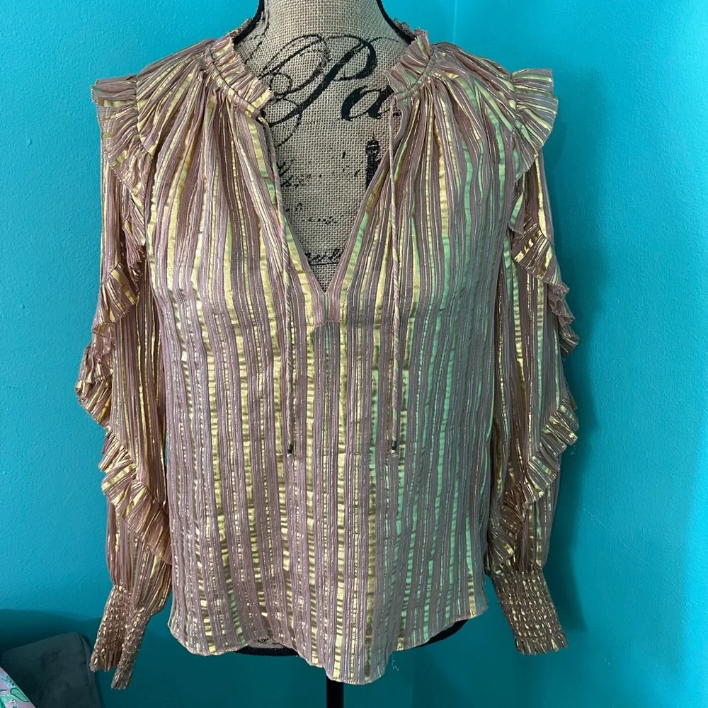 EUC Ulla Johnson Gold Lamb Silk Lurex Lucinda Ruffled Striped Blouse